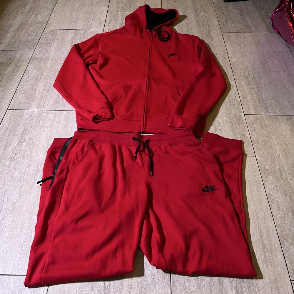 Nike Fleece Set Mens Large Red Tracksuit Full Zip Hoodie Jogger Pants 2 Piece
